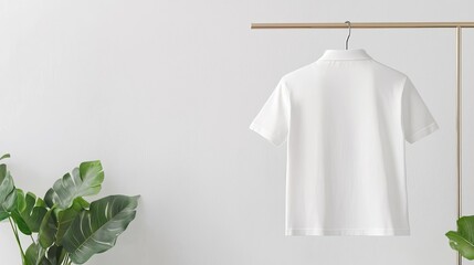 White Polo T-shirt, back view hanging on a modern clothing rack, minimal shadows and smooth fabric texture, optimized for apparel design projects