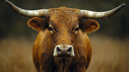 A close-up portrait of a brown cow with large horns, standing in a field of tall grass, with raindrops falling around it.