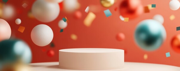 Wall Mural - abstract christmas baubles and new year confetti swirling around a 3d podium, symbolizing holiday ce