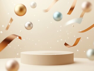 Wall Mural - abstract christmas baubles and new year streamers floating around a podium platform in a festive 3d 