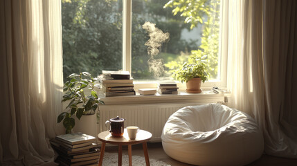 A serene reading nook by a window, with sunlight streaming in, a small table holding a steaming cup of tea, and a stack of books beside a comfortable bean bag chair