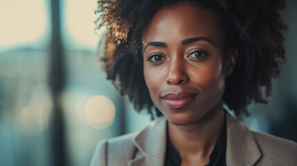 Wall Mural - A woman with curly hair is smiling and looking at the camera