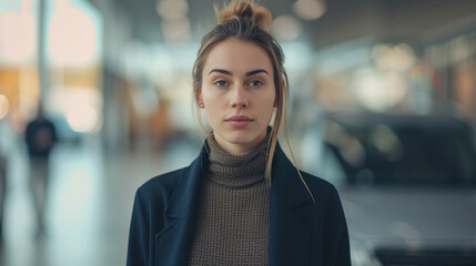 Wall Mural - A woman with a ponytail and a black jacket stands in front of a car