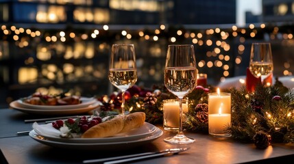 A Christmas table set for a festive feast, with candles, evergreen garlands, and sparkling wine glasses outdoor In the rooftop middle of the background