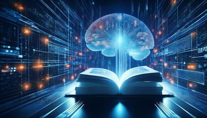 A high tech image of an open book with a holographic brain imagery with a big data background; graphic design and graphic illustration; technology and data