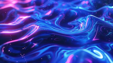 Wall Mural - Abstract fluid blue holographic background with wavy neon lines and glowing dots