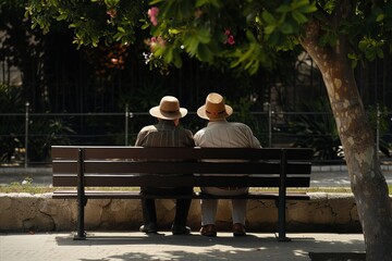 Poster - Elderly couple sitting on a bench in the park in summer