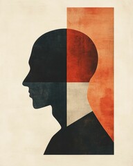 Poster - Minimalist poster featuring a single bold silhouette figure surrounded by abstract geometric patterns in a muted color palette creating a conceptual and symbolic visual representation