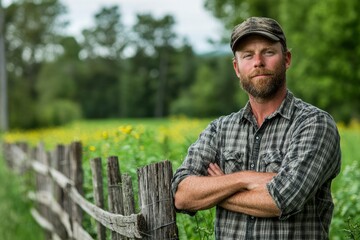 A bearded man in a plaid shirt and cap stands by a wooden fence in a field