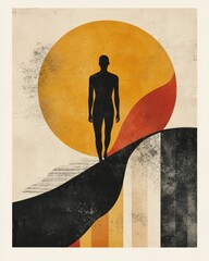 Poster - Minimalist digital featuring a solitary silhouetted human figure standing against a backdrop of abstract geometric patterns in a muted color palette creating a contemplative and serene atmosphere