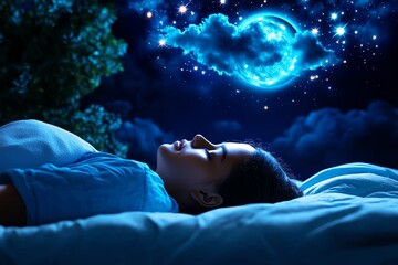Aufkleber - 3D model of a person sleeping peacefully under a glowing moon, with a realistic digital night sky filled with stars floating above their bed, representing the connection between digital technology