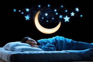 Aufkleber - 3D model of a person sleeping peacefully under a glowing moon, with a realistic digital night sky filled with stars floating above their bed, representing the connection between digital technology