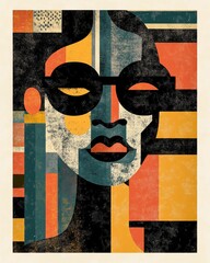 Poster - Striking minimalist poster featuring a bold stylized figure portrait surrounded by abstract geometric patterns and shapes in a muted harmonious color palette  This contemporary