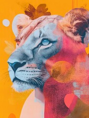 Poster - Captivating surreal animal portrait depicting a lion with vibrant pop art colors  dreamlike floating shapes  and a minimalist background  creating a visually striking and imaginative artwork