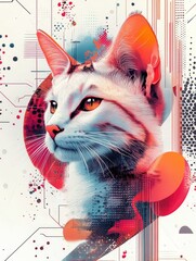 Poster - Surreal and captivating portrait of a cat with vibrant pop art colors floating abstract shapes and dreamlike imaginative features  This digital or artwork conveys a sense of creativity modern style
