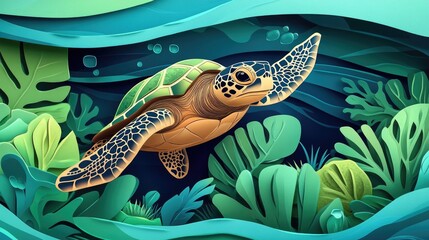 Poster - Turtles in natural habitat swimming gracefully through the water showcasing their unique patterns and colors Turtles swimming in natural habitat showcasing unique patterns and colors