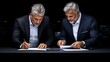 © KN Studio - Strategic Partnership: Two mature businessmen meticulously review documents, forging a powerful alliance against a dramatic cityscape backdrop.