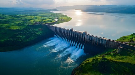 majestic dam standing tall holding back a vast shimmering reservoir of water epitomizing the balance