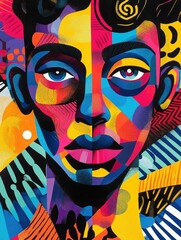 Poster - This vibrant  contemporary pop art inspired digital features a bold  abstract portrait with exaggerated facial features surrounded by a dynamic composition of colorful  geometric patterns and shapes