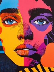 Poster - Striking pop art inspired digital portrait featuring a face with exaggerated  stylized features surrounded by bold  vibrant geometric patterns and a contemporary  abstract composition