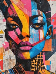 Poster - Vibrant and Colorful Pop Art Figurative Portrait with Exaggerated Features Surrounded by Bold Geometric Patterns and Shapes