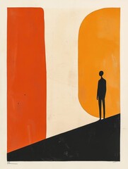 Poster - Captivating poster design featuring a solitary  silhouetted figure standing against a backdrop of bold  abstract geometric shapes in a minimal color palette  creating a striking  contemplative