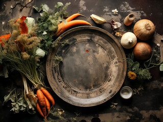 Flat lay composition of autumn harvest pottery and copy space. Rustic stoneware with fall decor. Background with pumpkins and herbs. Wabi sabi pottery inspiration. Food blog concept