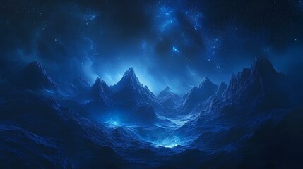 Poster - A serene, illuminated mountain landscape under a starry blue night sky, evoking a mystical and ethereal atmosphere.