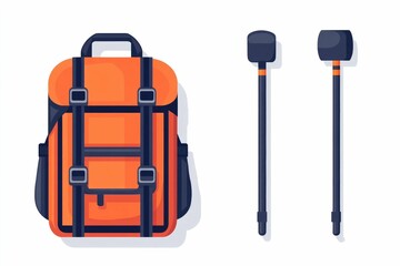 Wall Mural - Minimalist icon depicting a hiking backpack  a tent  and a walking stick  representing the essential equipment for outdoor adventure and camping activities  This simple