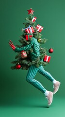 Poster - Festive figure in green costume leaps joyfully, embodying a Christmas tree adorned with ornaments and gifts, against a vibrant emerald backdrop.