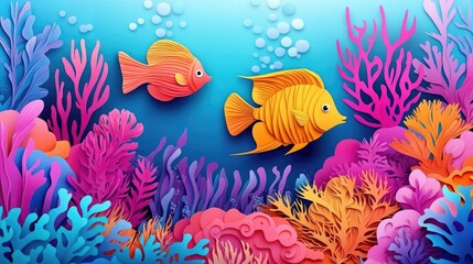 Poster - Vibrant fish navigate through coral reefs and lush seaweed in a stunning underwater scene Colorful fish swim among coral reefs and abundant seaweed in a beautiful underwater landscape