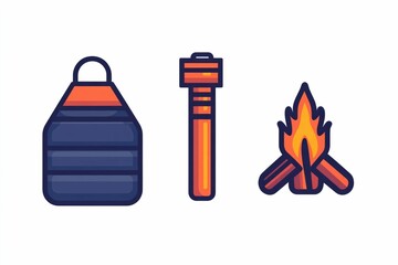 Wall Mural - Stylized icon showcasing the essential camping gear of a tent  sleeping bag  and campfire  all grouped together on a clean and minimalist white background  representing the outdoor adventure