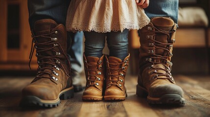 Family feet in matching leather boots: parents' rugged hiking footwear flanking child's smaller pair, symbolizing adventure, unity, and outdoor lifestyle.