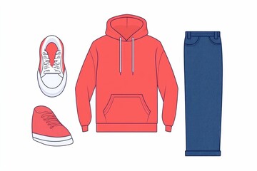 Minimalist featuring a simple and clean design of casual clothing and footwear essentials  including a hoodie  sneakers  and jeans  grouped and centered on a white background