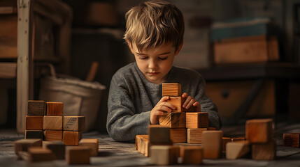 little boy playing with wood toy blocks, child build a tower out of bricks