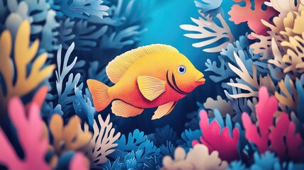 Poster - Vibrant fish navigate through coral reefs and lush seaweed in a stunning underwater scene Colorful fish swim among coral reefs and abundant seaweed in a beautiful underwater landscape