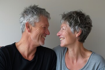 Poster - Portrait of a happy senior couple laughing together on a gray background