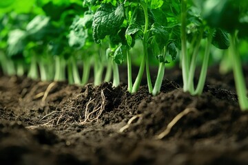 Wall Mural - Close-up of Green Plant Stems Emerging from Dark Soil