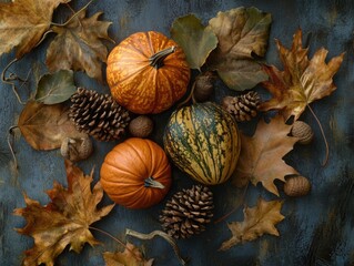 Wall Mural - Seasonal still life with decorative pumpkins dried leaves pinecones and acorns from above