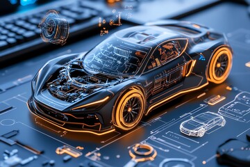 Poster - 3D-rendered image of engineers reverse engineering a futuristic vehicle part, with digital tools and schematics floating around the workspace