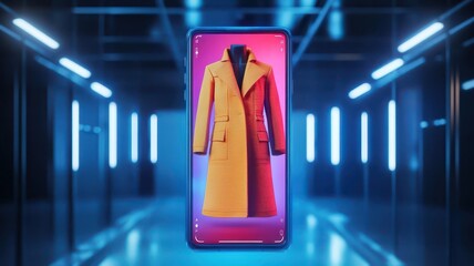 A high-tech virtual fashion app on a phone, featuring a 3D coat floating above the screen, surrounded by interactive UI, empty space for advertising
