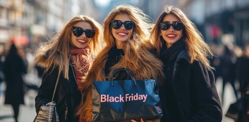 Aufkleber - A group of three women with long hair and sunglasses, smiling while holding shopping bags labeled 