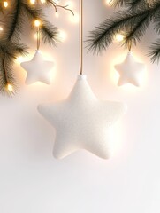 Fototapete - White star-shaped Christmas ornaments hanging from strings with glowing lights and pine branches on a light background.