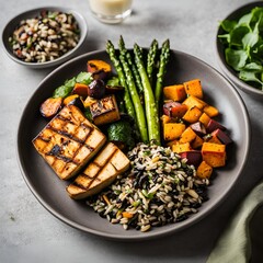 Close-up of wholesome diet meal with grilled tofu wild rice and roasted vegetables including zucchini asparagus and sweet potatoes
