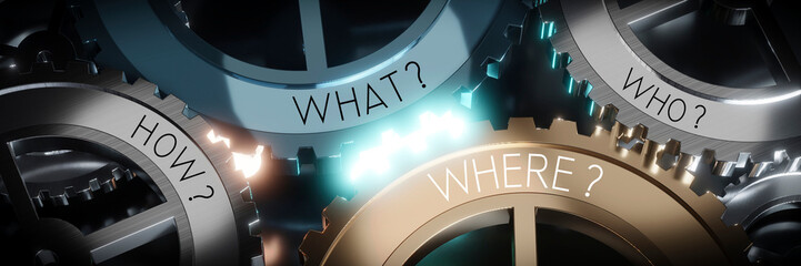 Wall Mural - How, what, where, who - gears concept - 3D illustration