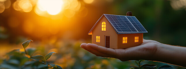 Hand holding a house with solar panels installed on the roof