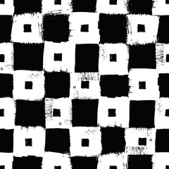 Aufkleber - Vector checkerboard pattern. Seamless black and white brush stroke background. Checkered print with distress texture. Painted chequered ornament for kids. Childish design