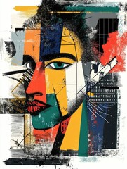 Poster - Visually striking abstract portrait composed of fragmented human forms surrounded by dynamic geometric patterns in a vibrant pop art color palette