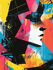 Poster - Vibrant Figurative Poster with Fragmented Human Forms Surrounded by Bold Geometric Patterns in a Pop Art Color Palette  A Captivating Experimental Digital with a Dynamic Conceptual Aesthetic
