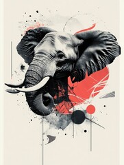 Poster - This majestic surreal elephant portrait showcases a powerful and captivating animal in a minimalist color scheme  with bold floating elements and abstract textured backgrounds